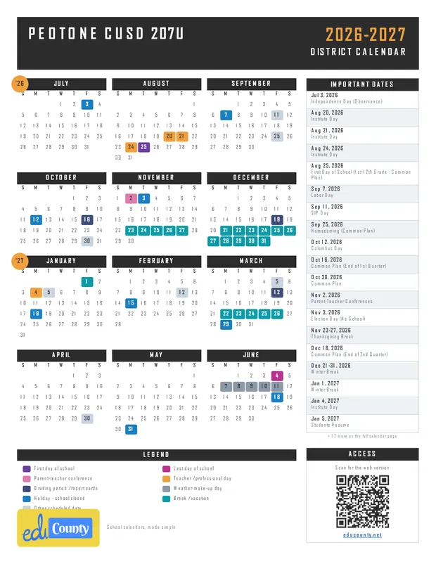 Peotone CUSD 207U printable 2026-27 calendar