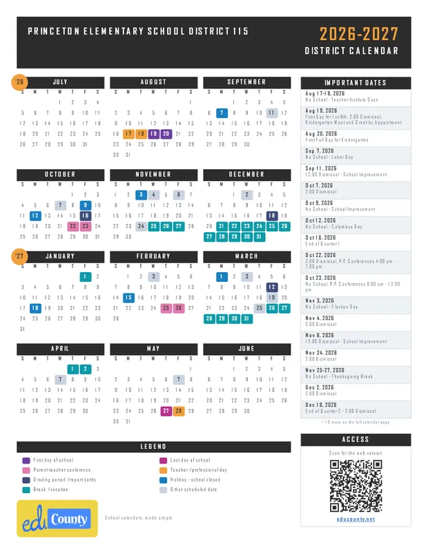 Princeton Elementary School District 115 printable 2026-27 calendar