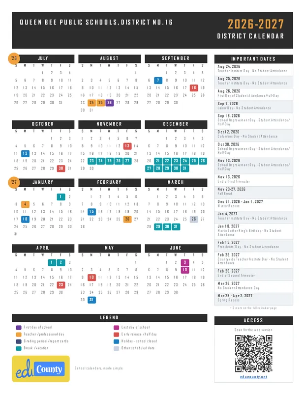 Queen Bee Public Schools, District No. 16 printable 2026-27 calendar