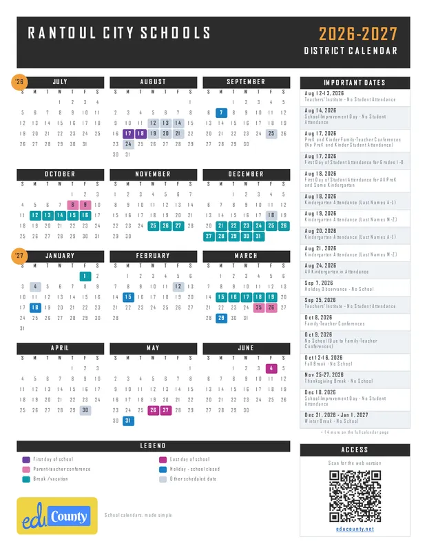 Rantoul City Schools printable 2026-27 calendar
