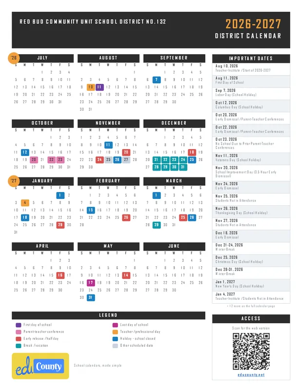 Red Bud Community Unit School District No. 132 printable 2026-27 calendar