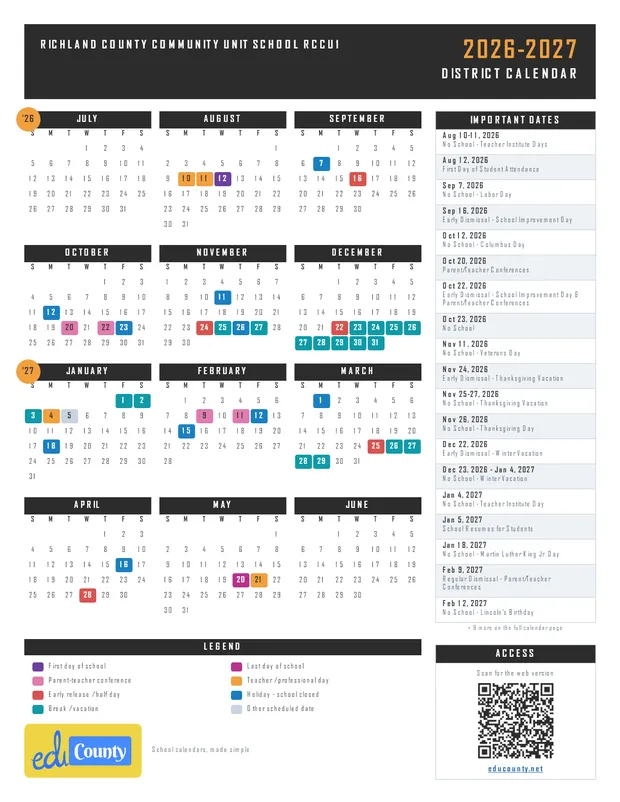 Richland County Community Unit School RCCU1 printable 2026-27 calendar