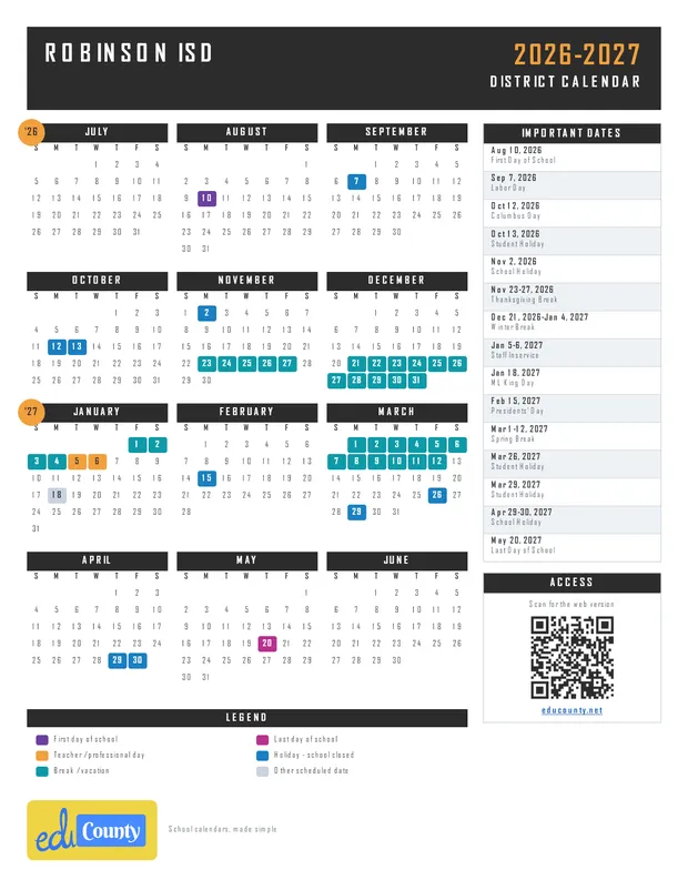 ROBINSON ISD printable 2026-27 calendar