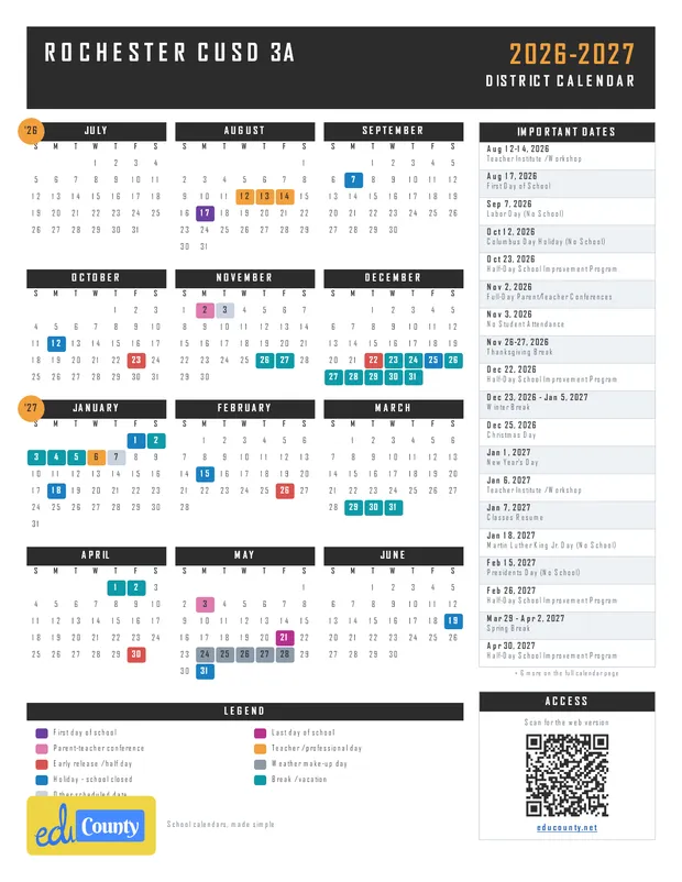 Rochester CUSD 3A printable 2026-27 calendar
