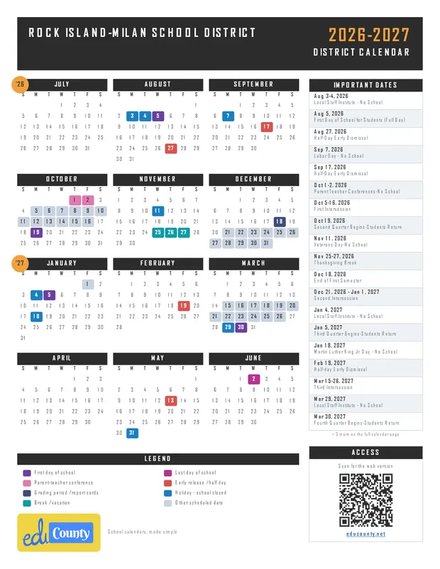 ROCK ISLAND-MILAN SCHOOL DISTRICT printable 2026-27 calendar