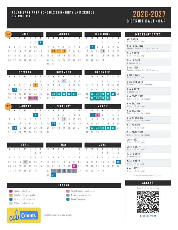 Round Lake Area Schools Community Unit School District #116 printable 2026-27 calendar