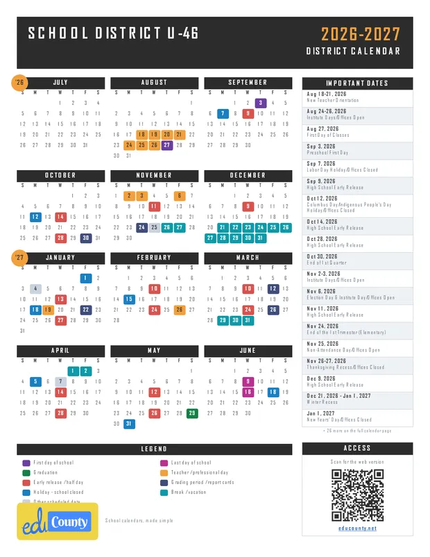 SCHOOL DISTRICT U-46 printable 2026-27 calendar