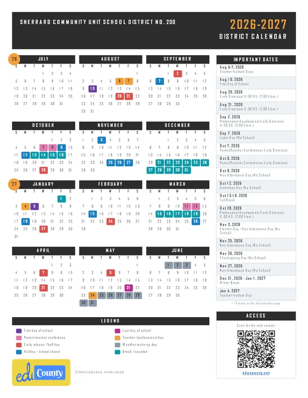 SHERRARD COMMUNITY UNIT SCHOOL DISTRICT NO. 200 printable 2026-27 calendar