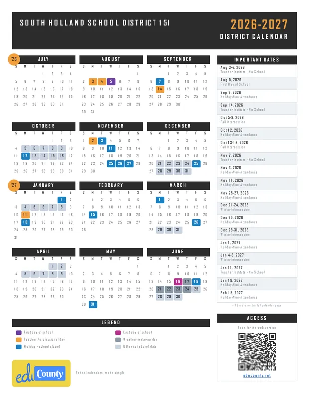 South Holland School District 151 printable 2026-27 calendar