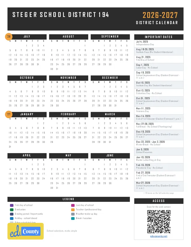 Steger School District 194 25-26 printable 2026-27 calendar