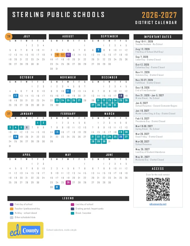 Sterling Public Schools printable 2026-27 calendar