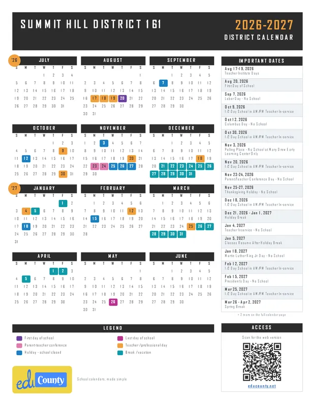 Summit Hill District 161 printable 2026-27 calendar