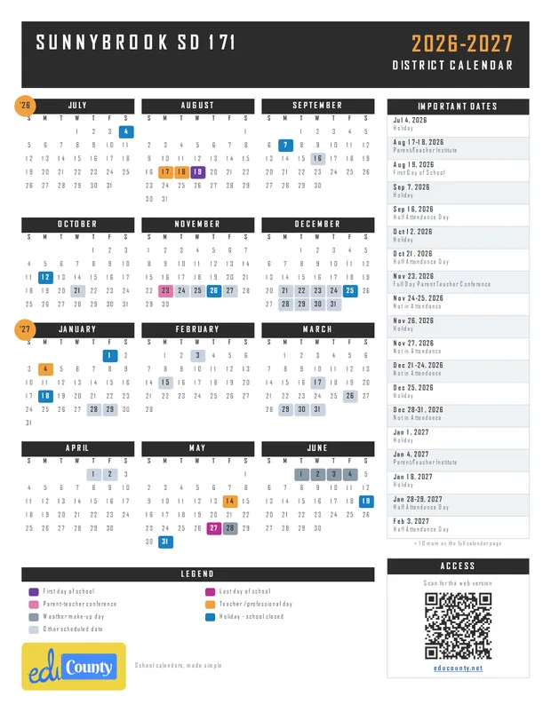 Sunnybrook SD 171 printable 2026-27 calendar