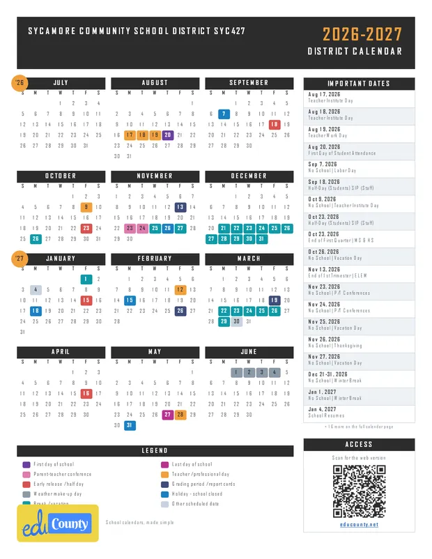 Sycamore Community School District SYC427 printable 2026-27 calendar
