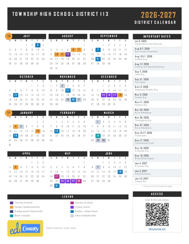 Township High School District 113 printable 2026-27 calendar