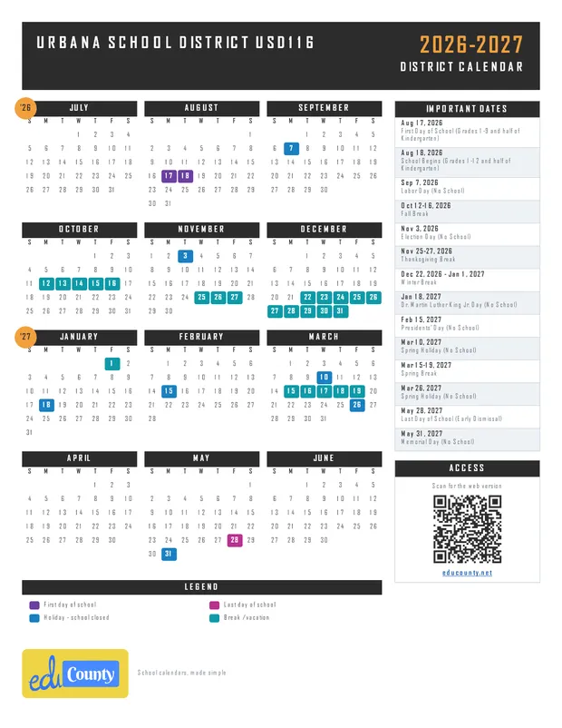 Urbana School District USD116 printable 2026-27 calendar