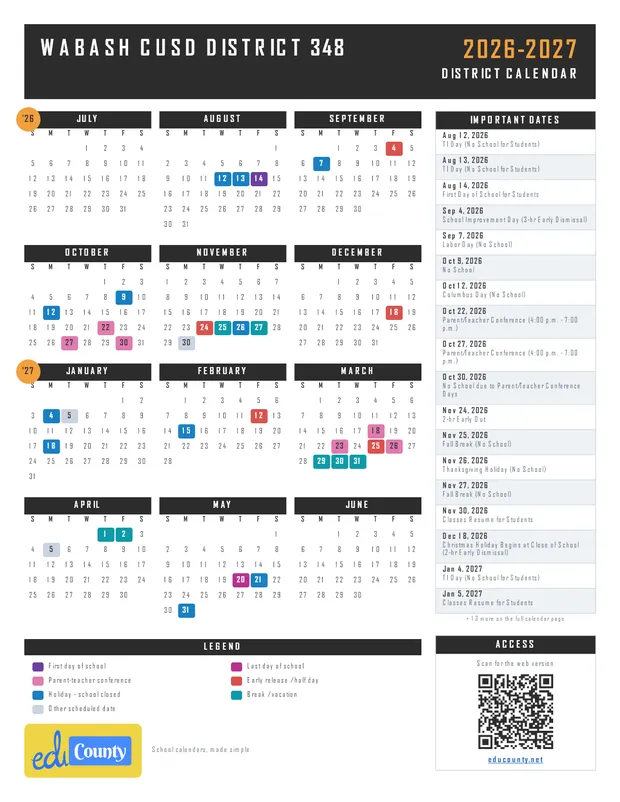 Wabash CUSD District 348 printable 2026-27 calendar