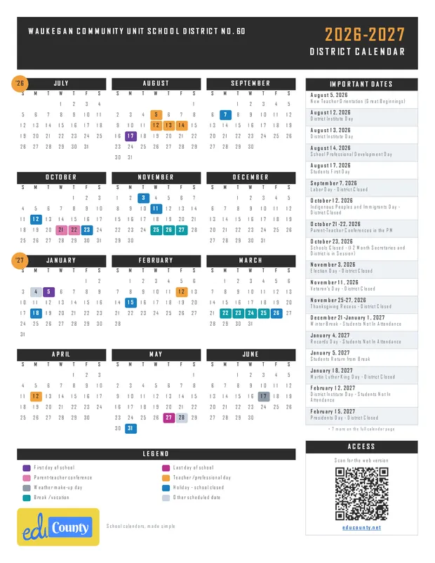 Waukegan Community Unit School District No. 60 printable 2026-27 calendar