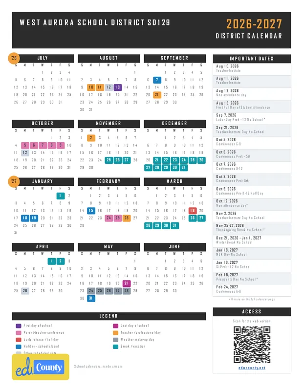 WEST AURORA SCHOOL DISTRICT SD129 printable 2026-27 calendar