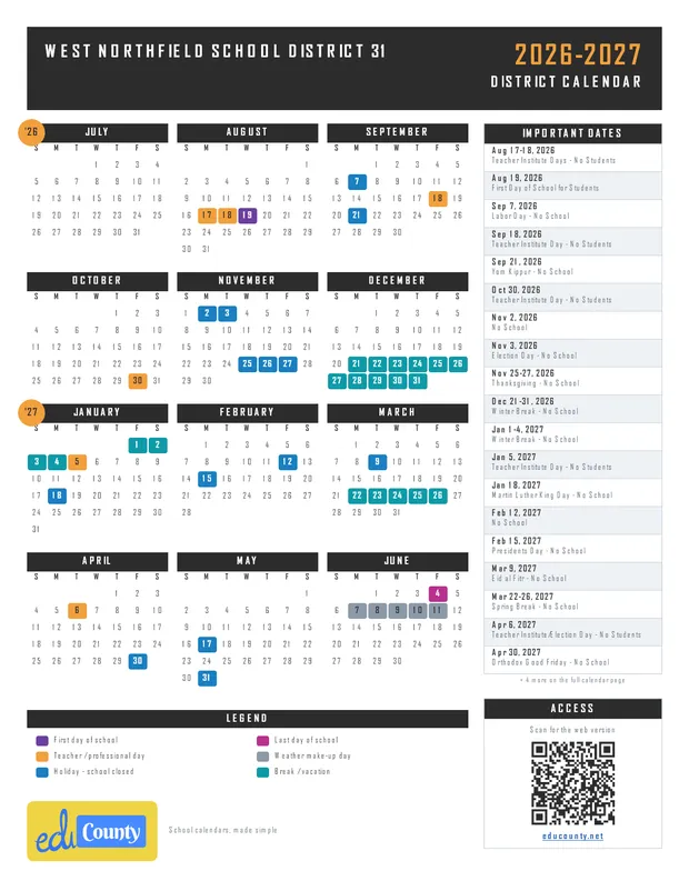 West Northfield School District 31 printable 2026-27 calendar