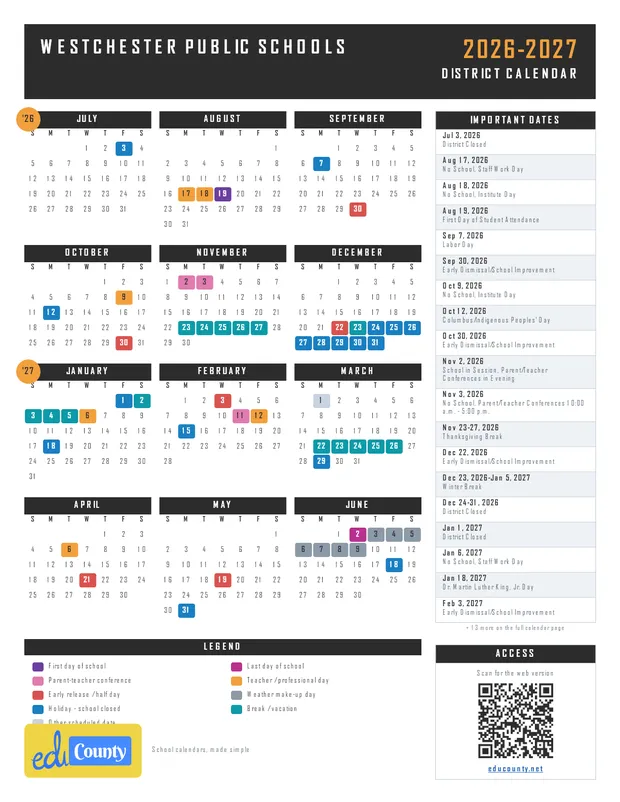 Westchester Public Schools printable 2026-27 calendar