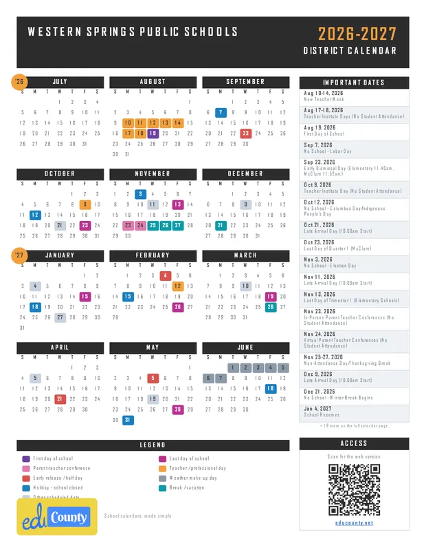 Western Springs Public Schools printable 2026-27 calendar