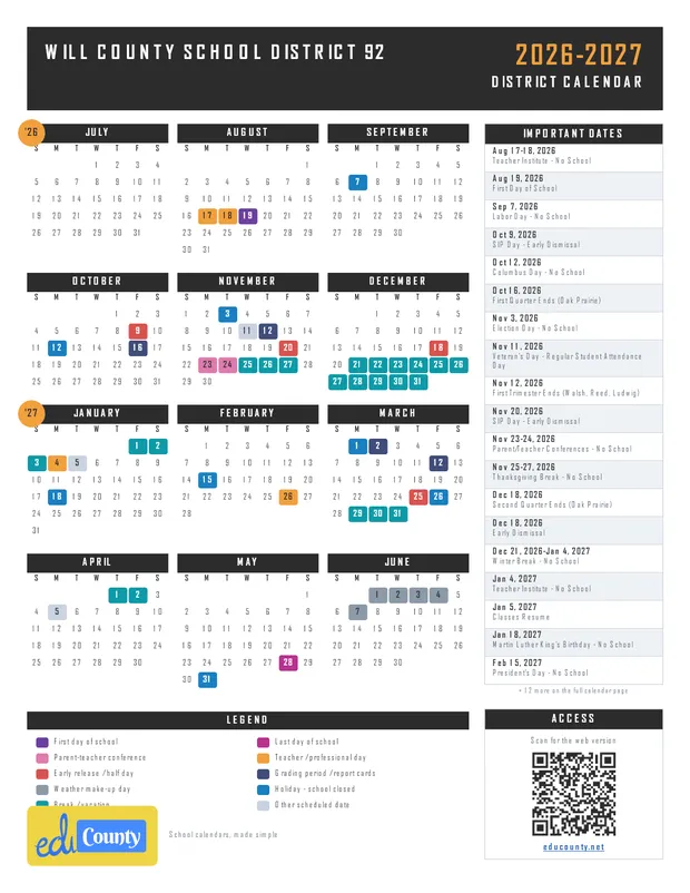 WILL COUNTY SCHOOL DISTRICT 92 printable 2026-27 calendar