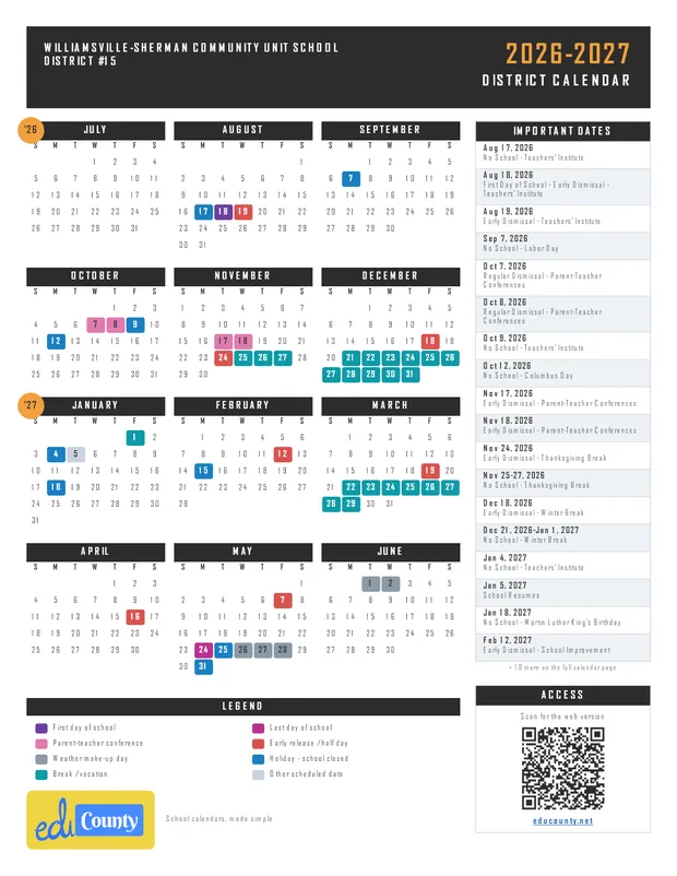 WILLIAMSVILLE-SHERMAN COMMUNITY UNIT SCHOOL DISTRICT #15 printable 2026-27 calendar