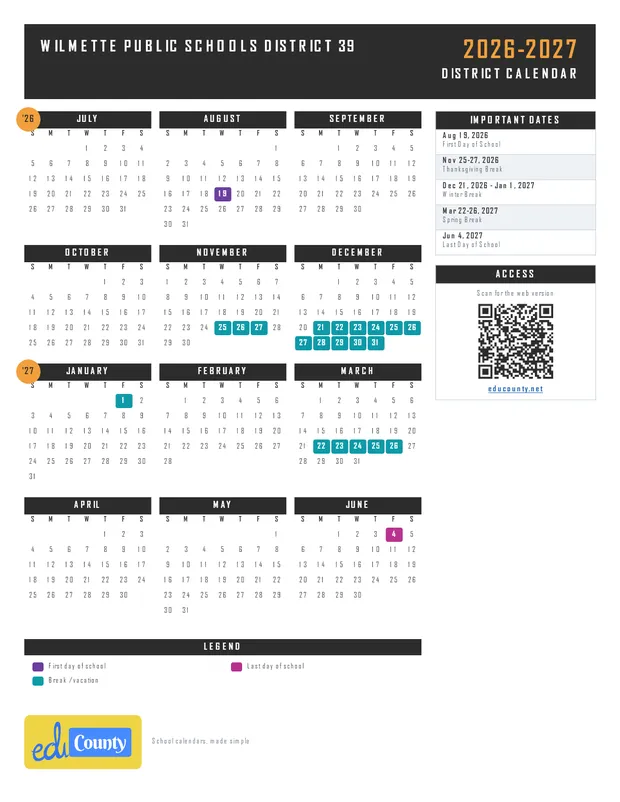 Wilmette Public Schools District 39 printable 2026-27 calendar