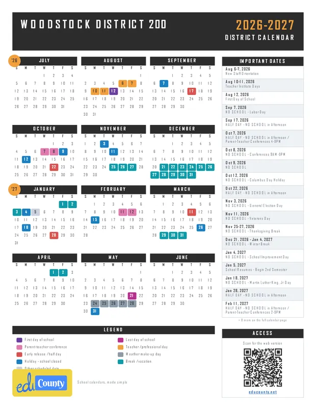 Woodstock District 200 printable 2026-27 calendar