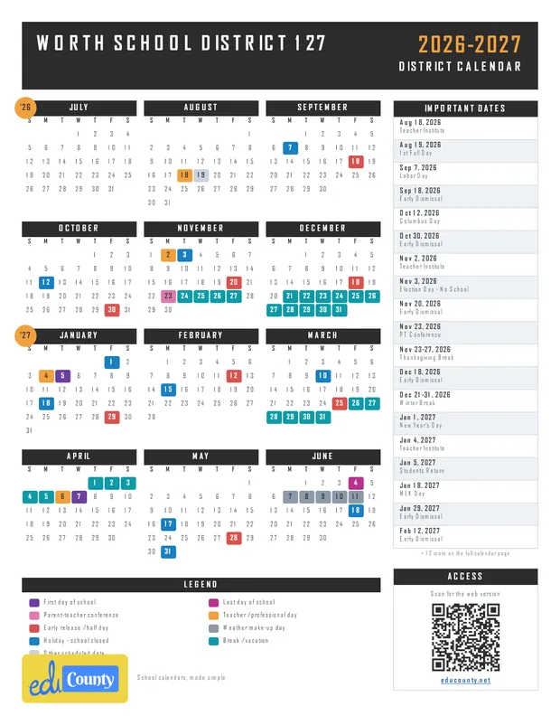 WORTH SCHOOL DISTRICT 127 printable 2026-27 calendar