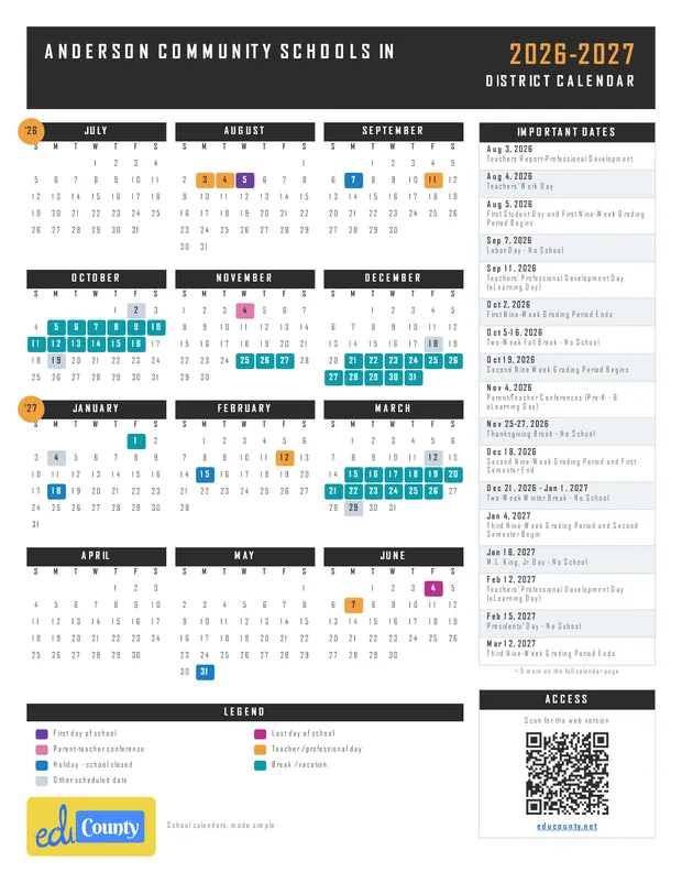 Anderson Community Schools printable 2026-27 calendar