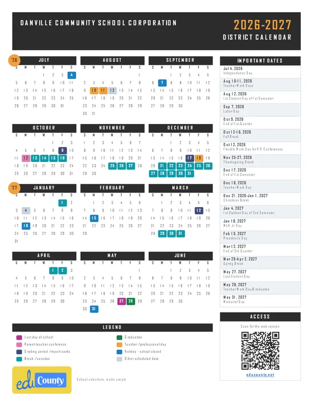 Danville Community School Corporation printable 2026-27 calendar
