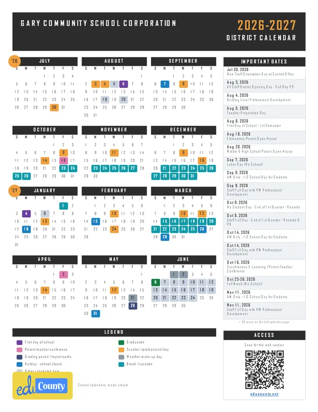 Gary Community School Corporation printable 2026-27 calendar