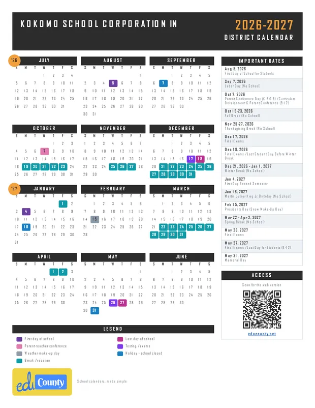 Kokomo School Corporation printable 2026-27 calendar