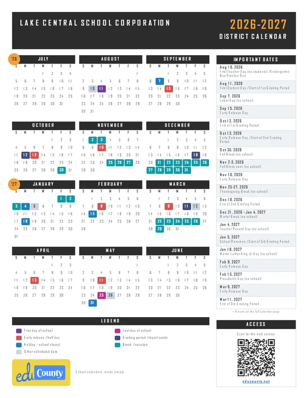Lake Central School Corporation printable 2026-27 calendar