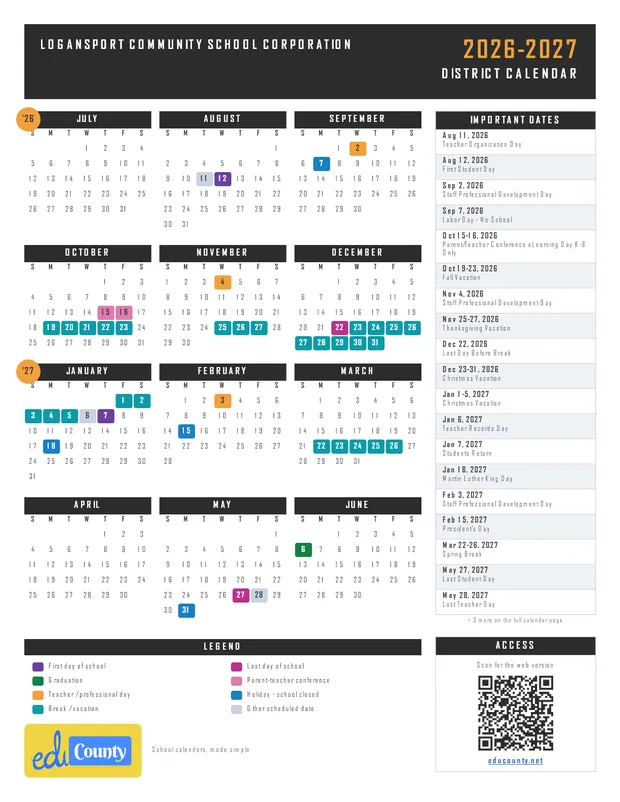 Logansport Community School Corporation printable 2026-27 calendar