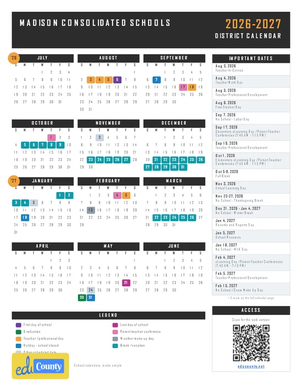 Madison Consolidated Schools printable 2026-27 calendar