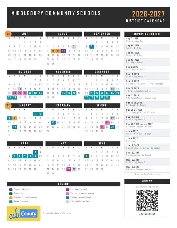 Middlebury Community Schools printable 2026-27 calendar