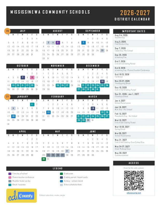 Mississinewa Community Schools printable 2026-27 calendar