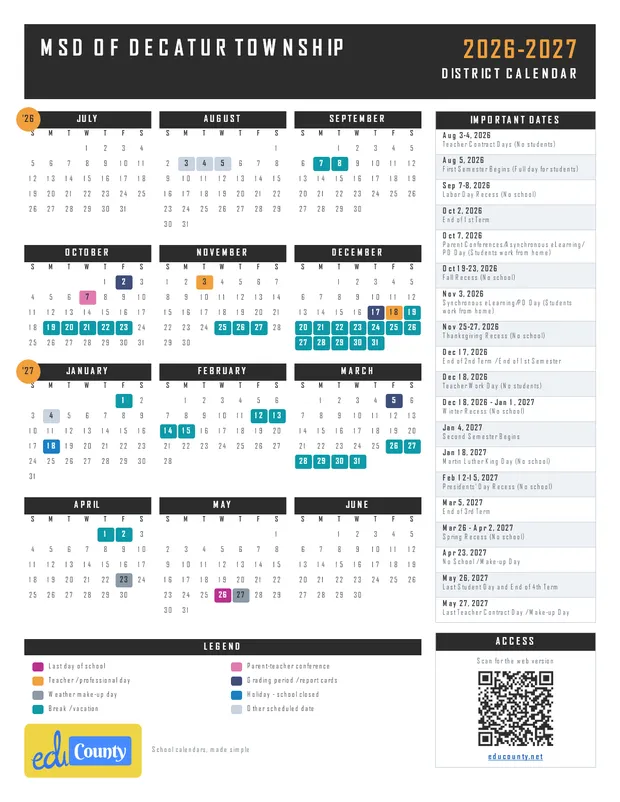 MSD of Decatur Township printable 2026-27 calendar