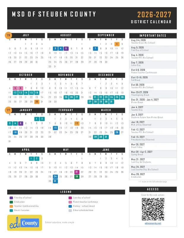 MSD of Steuben County printable 2026-27 calendar
