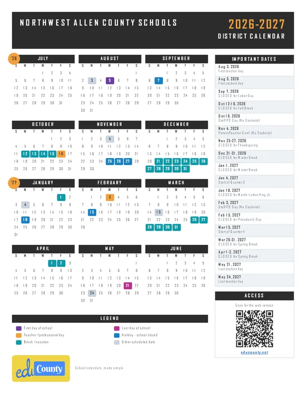 Northwest Allen County Schools NACS printable 2026-27 calendar