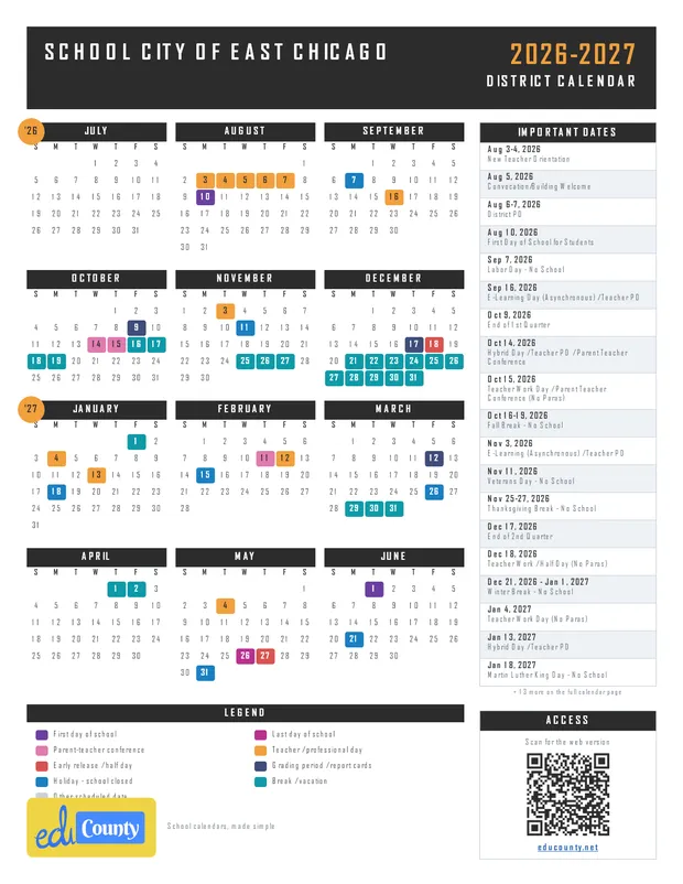 School City of East Chicago printable 2026-27 calendar