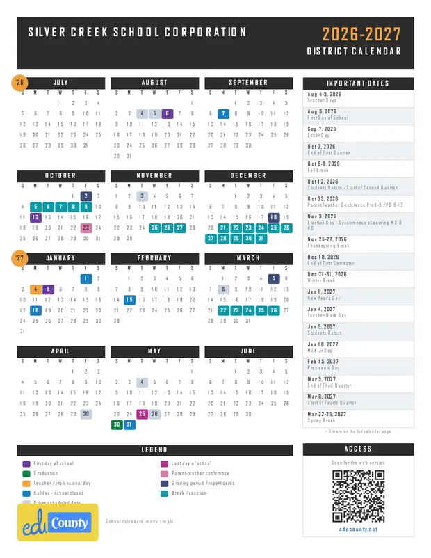 Silver Creek School Corporation printable 2026-27 calendar
