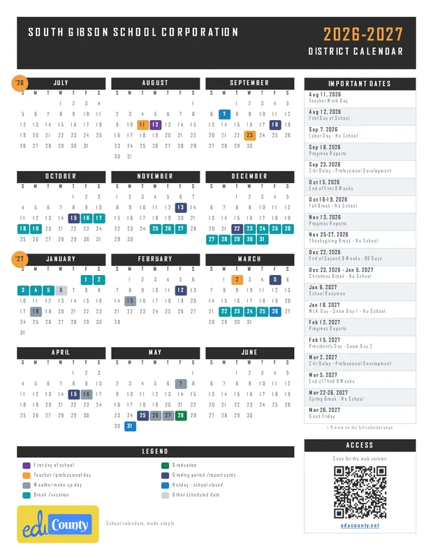 South Gibson School Corporation printable 2026-27 calendar