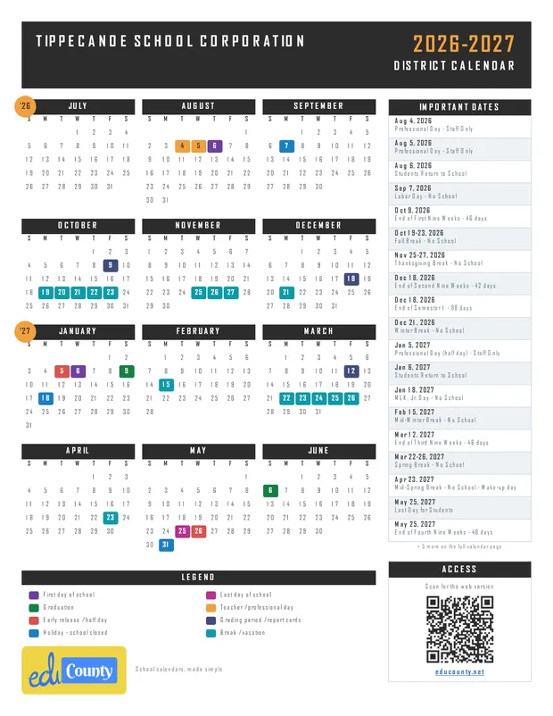 TIPPECANOE SCHOOL CORPORATION printable 2026-27 calendar