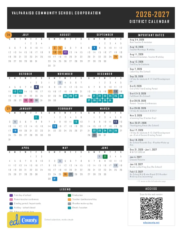 Valparaiso Community School Corporation printable 2026-27 calendar
