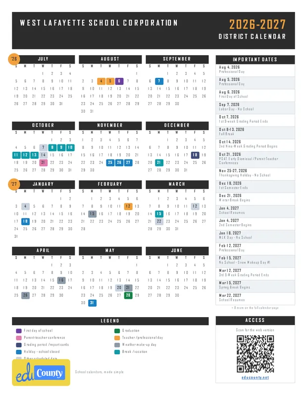 West Lafayette School Corporation printable 2026-27 calendar