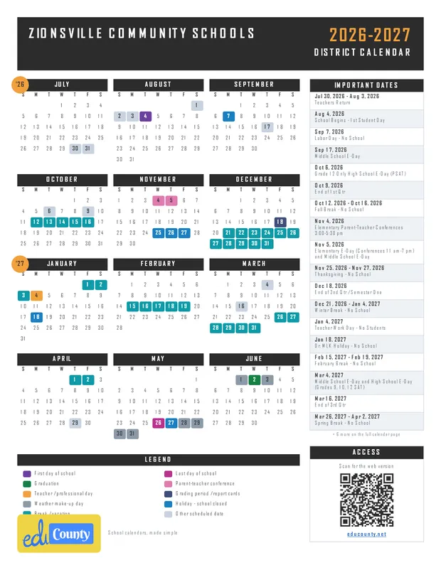 Zionsville Community Schools printable 2026-27 calendar